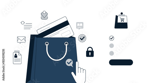 A monochrome vector illustration depicting secure online shopping checkout and payment process with a credit card and shopping bag.