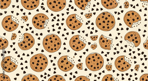 A delightful chocolate chip cookies pattern on a light beige background for sweet dessert graphics and bakery branding design