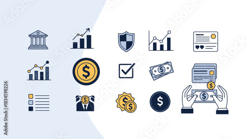 A collection of flat design icons representing finance, banking, investment, security, and market growth.