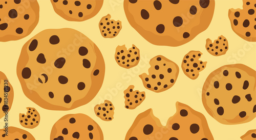 Delicious chocolate chip cookie pattern with whole and partial pieces on a soft yellow background ideal for confectionery branding or digital assets