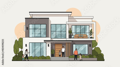 Families standing outside a large, modern, minimalist two-story villa illustration with landscaping.