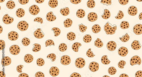 Hand drawn chocolate cookies forming a delightful repeating pattern on a creamy background for various creative applications