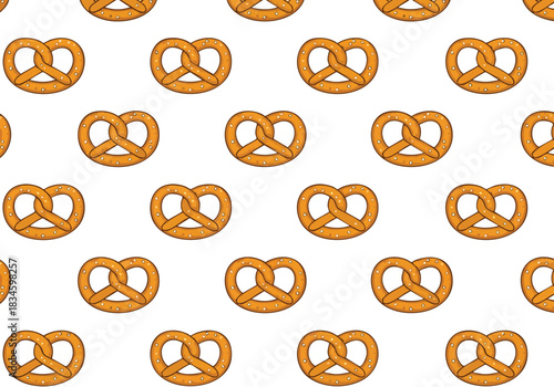 A delightful repeating pattern of golden baked pretzels on a clean white background for various design and decorative purposes