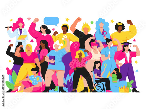 Diverse group of empowered women flexing, standing together in collective solidarity illustration.