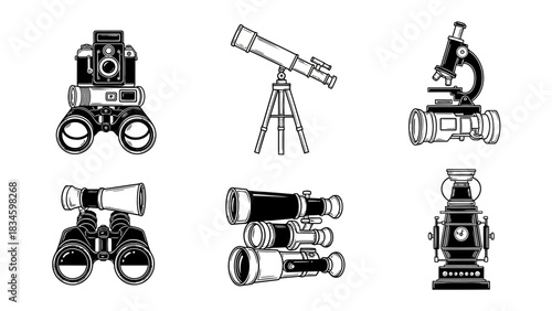 Set of optical instruments vector illustration camera telescope microscope binoculars lens photographic equipment observation technology research equipment