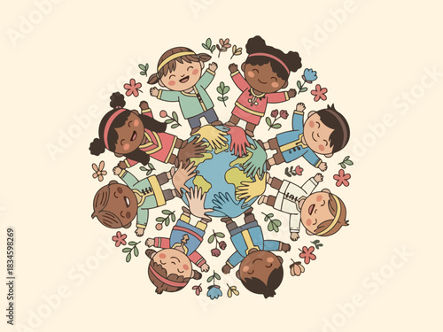 Happy diverse children holding hands around the Earth globe illustration, promoting global unity and peace.