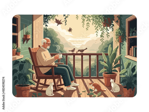 Elderly man enjoying morning coffee with his cats and birds on a tranquil balcony overlooking a valley.