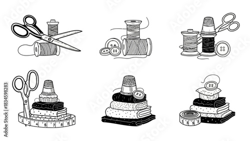 Set of Sewing and Tailoring Supplies Vector Graphic Featuring Scissors, Thread, Buttons, Thimble, Fabric and Measuring Tape for Crafting and Apparel Production