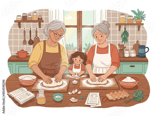 Happy family generations baking homemade bread dough together in a rustic kitchen.