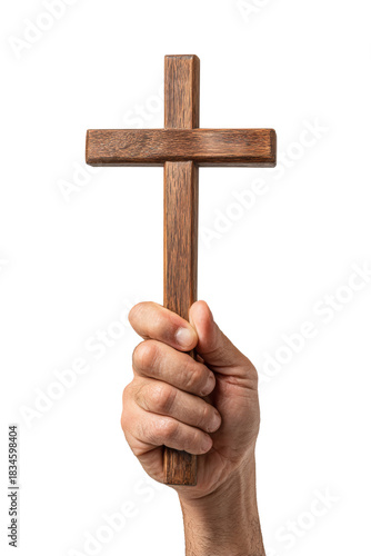 Wooden cross held high as a symbol of faith, hope, and resilience during challenging times, perfect for inspirational content