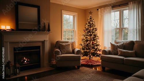 Cozy living room interior featuring a decorated Christmas tree, fireplace with burning logs, armchair, sofa, and warm ambient lighting.