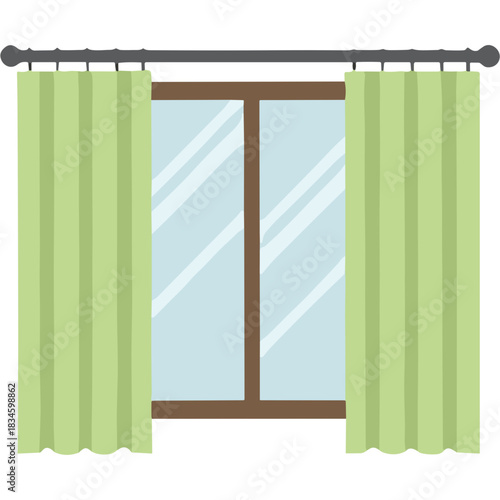 A Simple Window With Two Light Green Curtains Pulled To The Sides On A Dark Background With A Reflection On The Glass