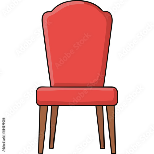 A single ornate red chair with wooden legs against a black background indoors