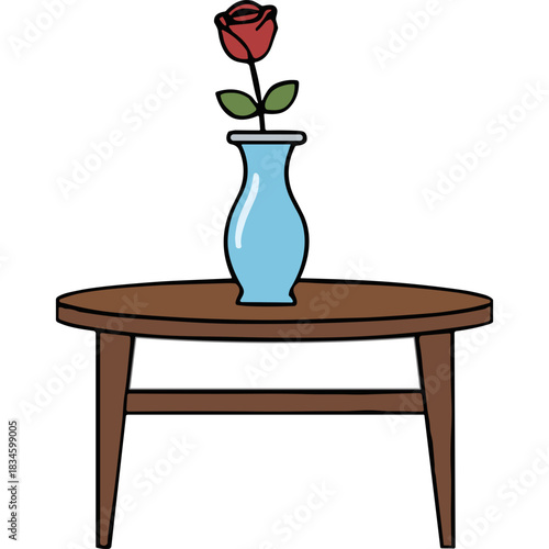 A Single Red Rose in a Blue Glass Vase on a Brown Oval Wooden Coffee Table Against a Solid Black Background with Simple Line Art Style