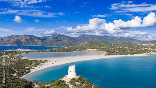 Fototapeta Naklejka Na Ścianę i Meble -  Aerial view of Porto Giunco beach and tower, Villasimius, Sardinia, Italy, Europe