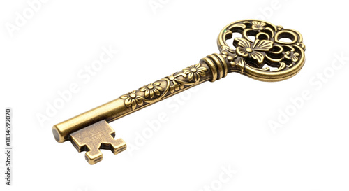 Vintage decorative brass key on transparent background  