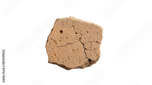 Natural clay block with cracks on transparent background  