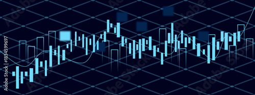 stock market graph, Stock market chart with blue candlestick graph and trading data on a dark background, Stock market finance chart with business trading analytics, exchange data, and financial growt