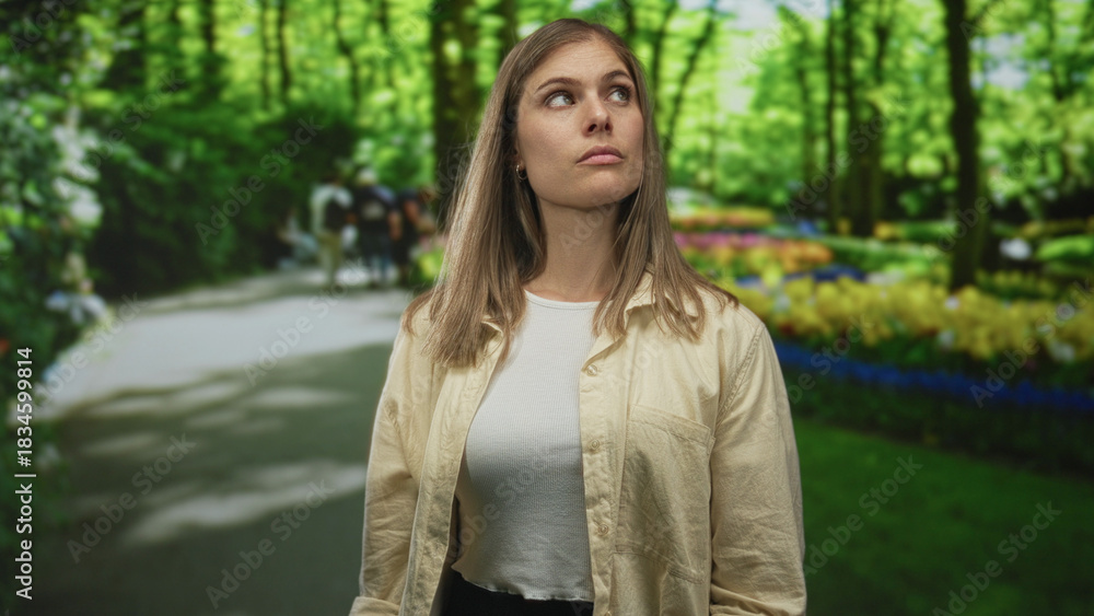 Obraz premium Woman glances sideways toward distant path and flowerbeds in lush green park; reflection thoughtfulness introspection.