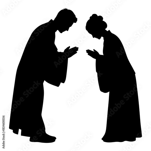 Traditional Chinese Couple Bowing In Hanfu Greeting Silhouette Vector Illustration