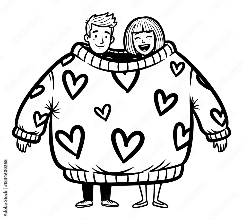 Fototapeta premium Funny Happy Couple Wearing One Oversized Sweater with Heart Pattern Together Vector Illustration