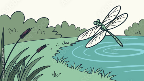 A cartoon dragonfly flying over a pond with reeds and bushes in the background on a sunny day