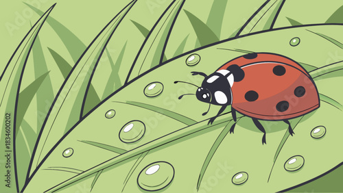Illustration of a ladybug with black spots resting on a large green leaf with water droplets present