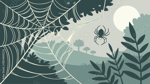 A spider hangs from a web in a forest scenery with trees and a moon in the background scene view