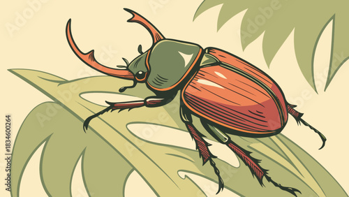 Illustration of a stag beetle with large mandibles perched on a stylized green leaf design element