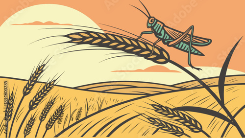 A grasshopper perched on wheat in a field under a sunny sky with rolling hills in the background scene