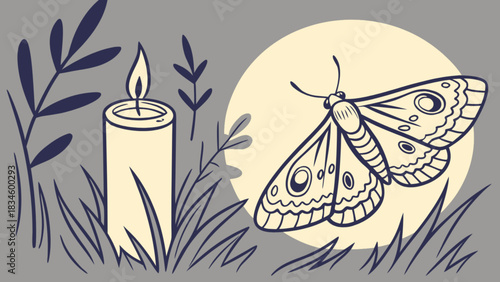 Illustration of a moth near a candle with plants against a moonlit background in a simple style