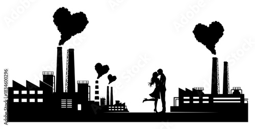 Industrial landscape with factory smoke forming heart shapes and kissing couple silhouette