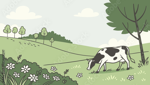 Illustration of a cow grazing in a green field with trees and flowers on a sunny day landscape