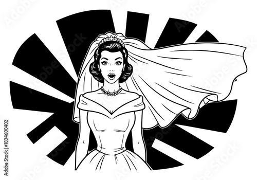Surprised bride face with open mouth and flying veil in retro comic pop art style
