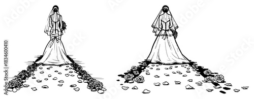 Rear view of bride in wedding dress walking on path with rose petals sketch