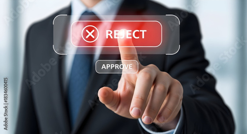 A businessman makes a critical decision on a digital interface, opting to reject a proposal with a decisive touch, demonstrating leadership and control.