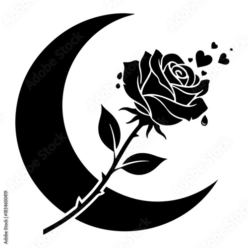 Rose Flower With Crescent Moon And Flying Hearts Vector Silhouette Illustration