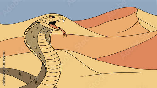 Illustration of a cobra with its hood flared and tongue out in front of sand dunes against a blue sky