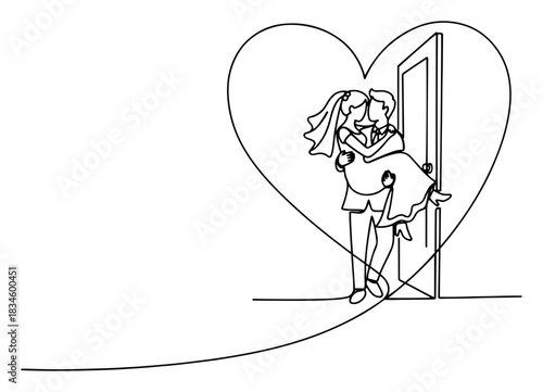 Romantic Wedding Couple with Groom Carrying Bride in Heart Shape Continuous Line Art