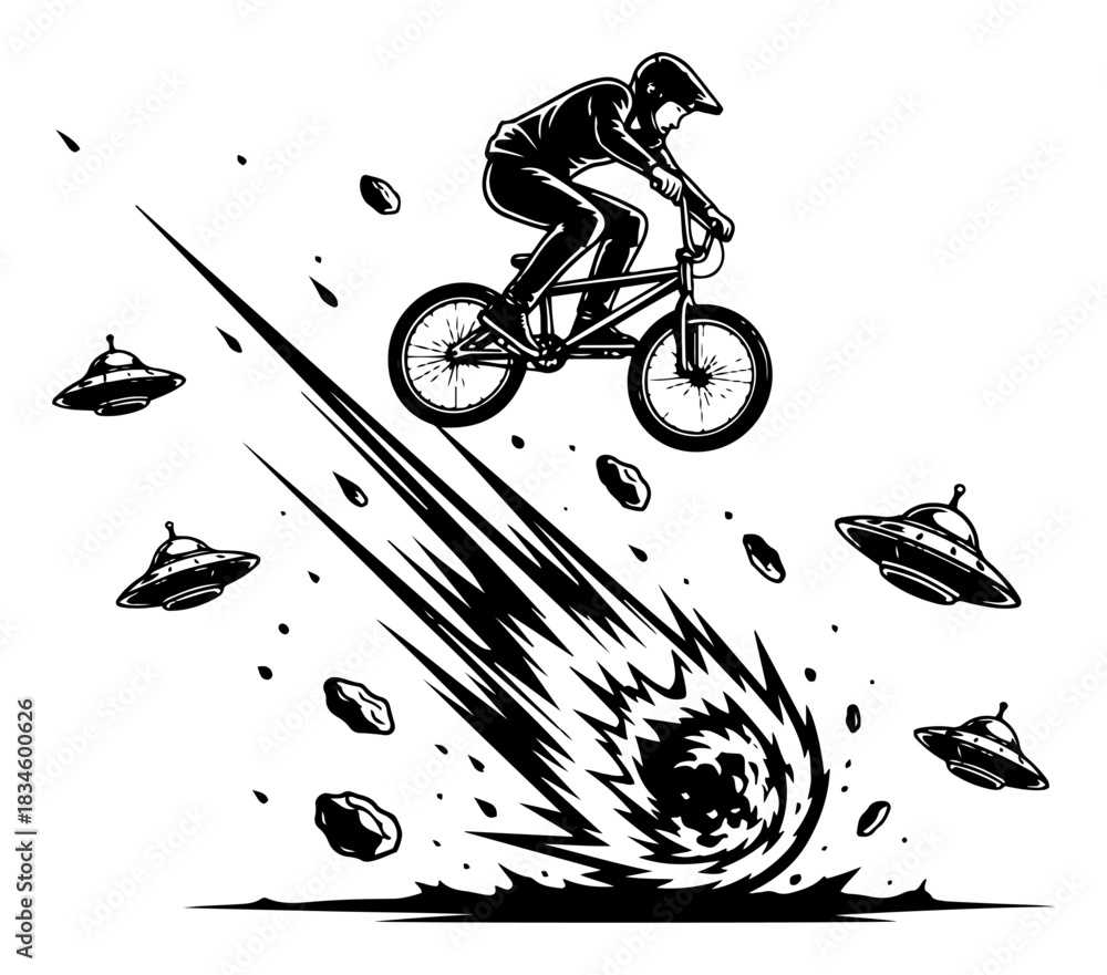 Fototapeta premium Extreme BMX Biker Jumping Over Crashing Meteor With UFO Invasion In Background Vector Illustration