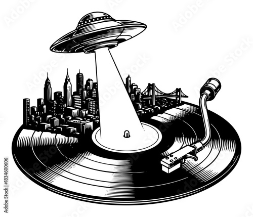 Surreal UFO Beaming Light on Vinyl Record Turntable with City Skyline Vector Illustration