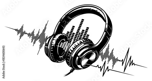 Modern Wireless Headphones With Audio Sound Wave And Digital Equalizer Frequency Vector Illustration