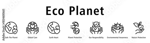 Eco Planet web banner icon vector illustration with icons of Safe the Planet, Global Care, Earth Heart, Planet Protection, Environmental Awareness, Our Responsibility, and Nature Protection.