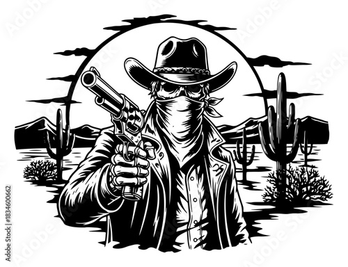 Skeleton Cowboy Bandit With Revolver and Bandana in Desert Landscape Vector Illustration