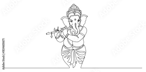 Lord Ganesha God of Wisdom Playing Flute Continuous Line Drawing Vector Illustration