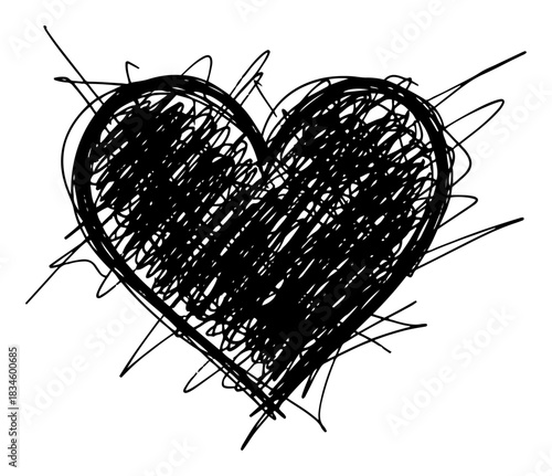 Messy hand drawn scribble heart vector illustration with chaotic black ink lines and grunge texture