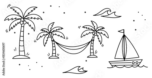 Hand drawn summer beach vacation sketch with palm trees hammock and sailboat on sea waves