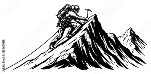 Alpinist Climbing Steep Mountain Peak Vector Illustration Adventure And Extreme Sport Concept