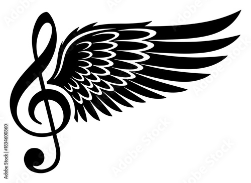 Musical Treble Clef Note with Spread Angel Wing Tattoo or Logo Design Vector