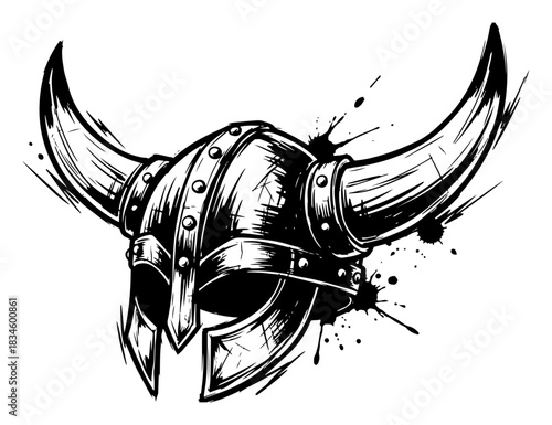 Aggressive Viking Warrior Helmet with Horns and Grunge Ink Splatters Vector Illustration